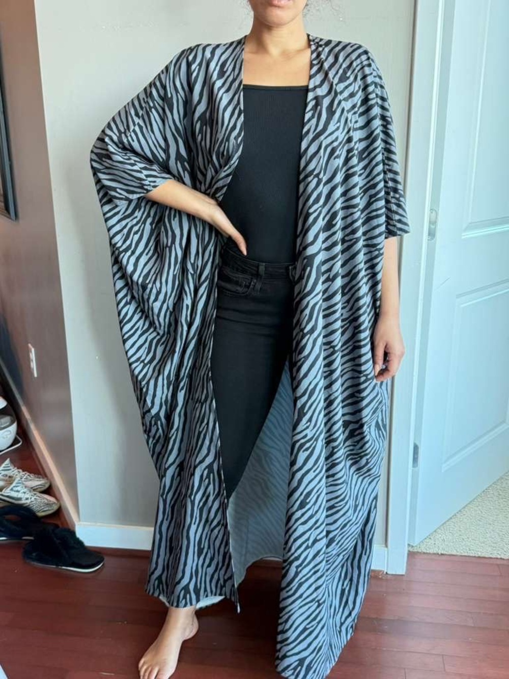 Zebra Print Open Front Duster Kimono - Black & Gray